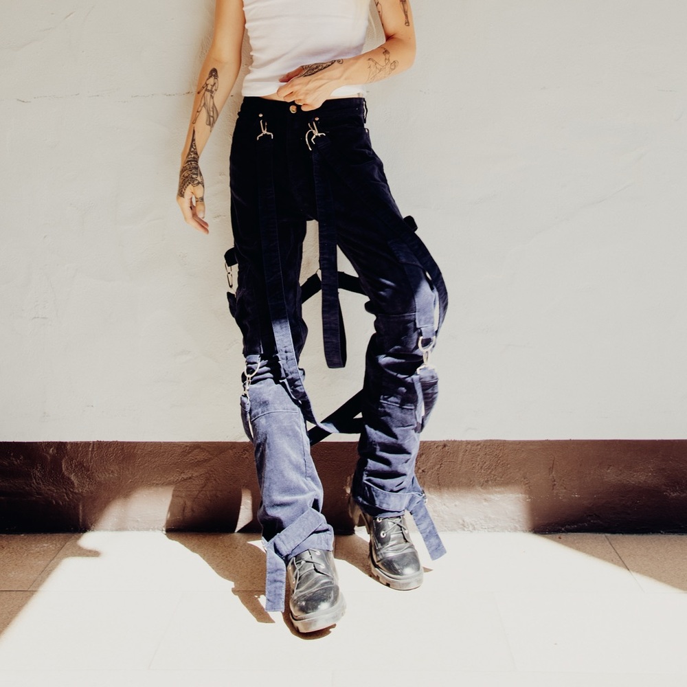 Free Agent Blue Corduroy Punk Bondage Pants Small Unisex Utility Cargo NWT - Picture 4 of 6